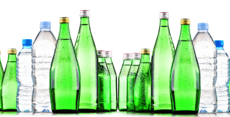 different types of water glass and bottles