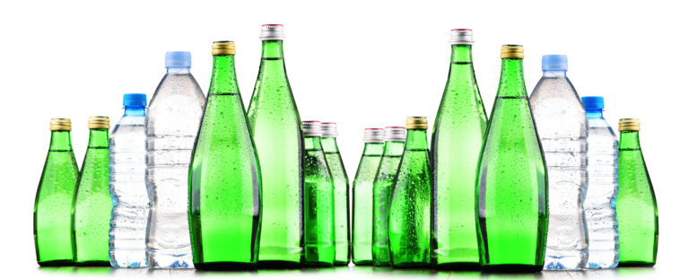 different types of water glass and bottles