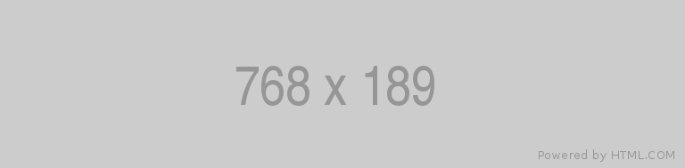 A gray rectangle with the text 768 x 189 centered in large, light gray font. In the bottom right corner, it says Powered by HTML.COM in smaller gray text.