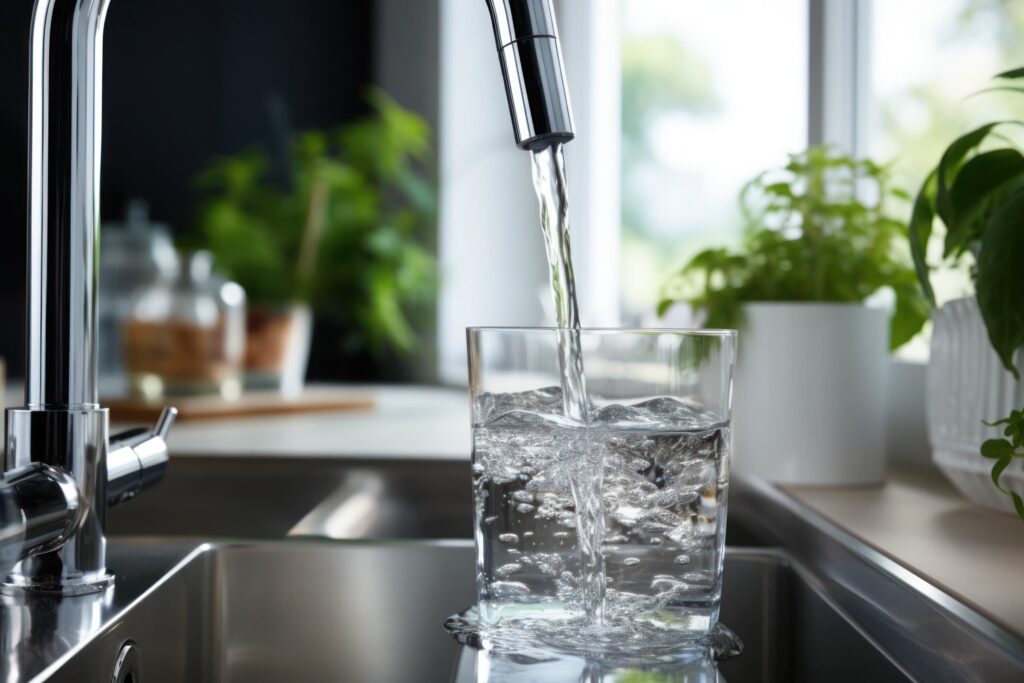 glass cup sitting on a counter being filled up with water through a reverse osmosis system