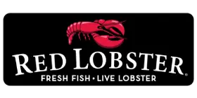 Red Lobster logo featuring a red lobster graphic above the words Red Lobster in white, with the tagline Fresh Fish • Live Lobster below on a black background.