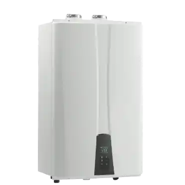 A modern white tankless water heater with a digital control panel is mounted on a wall. The unit has a sleek, rectangular design with two pipe connections on top.