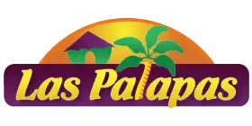 Logo for Las Palapas with yellow text on a purple banner, featuring a hut and a palm tree in front of an orange and yellow sunset background.