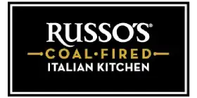 Logo for Russo’s Coal-Fired Italian Kitchen, featuring white and yellow text on a black background with a thin white border.