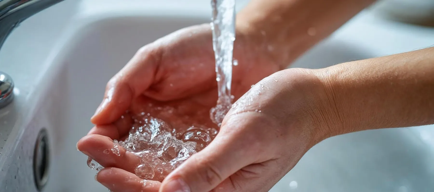 A person washing their hands under a running faucet, with water splashing into cupped hands over a white sink.