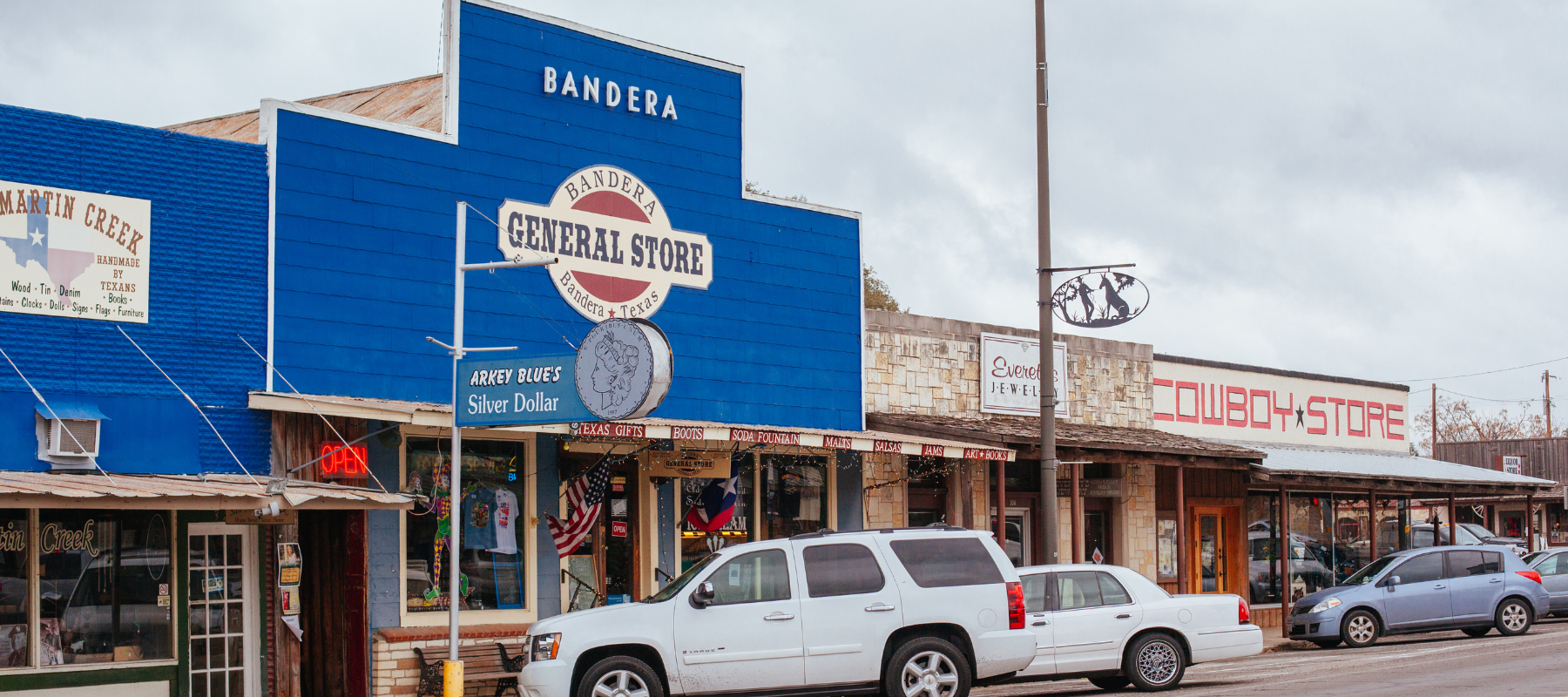 A small-town street in Bandera, Texas, featuring the blue Bandera General Store, other shops, parked cars, and a cloudy sky above. Signs and storefronts line the road, giving a classic western town feel.