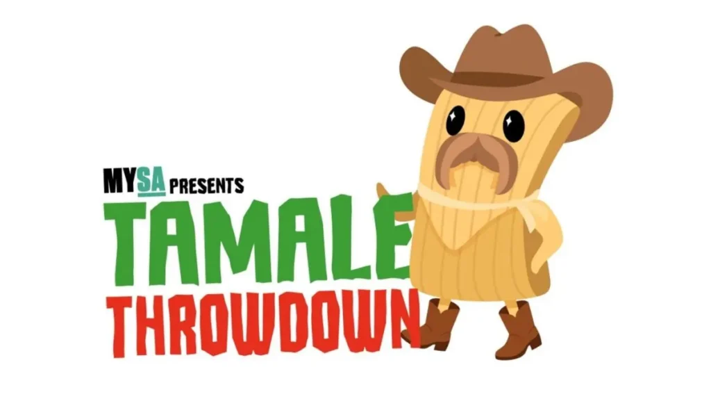 MySA presents Tamale Throwdown logo featuring a cartoon tamale wearing a cowboy hat, mustache, and boots.