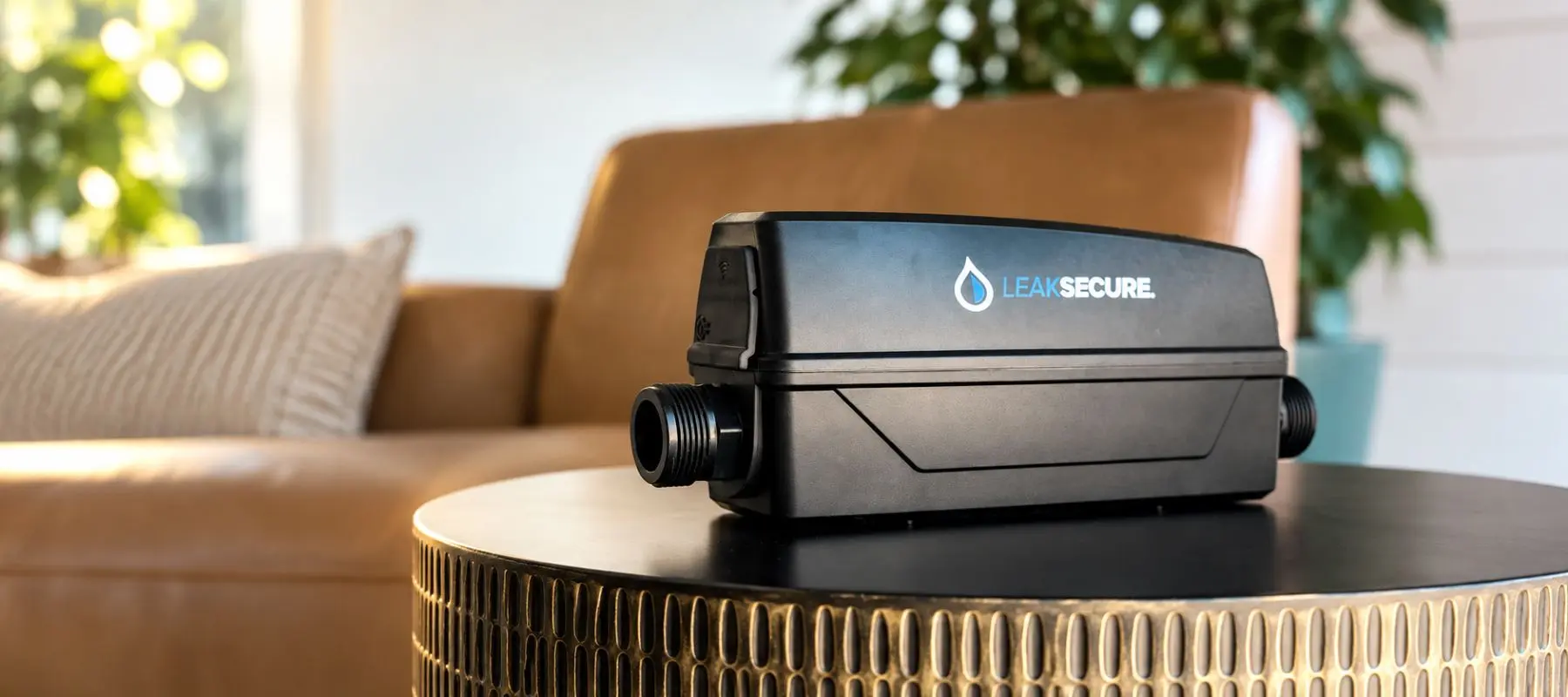 A black LeakSecure water shut-off device sitting on a round table.