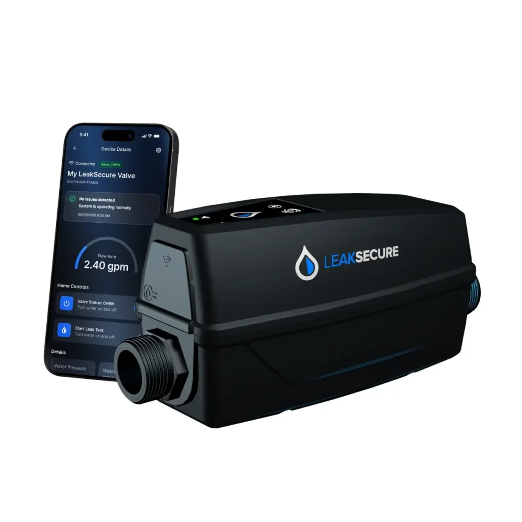 LEAKSECURE smart water valve next to a smartphone displaying the devices status and flow rate in a mobile app.